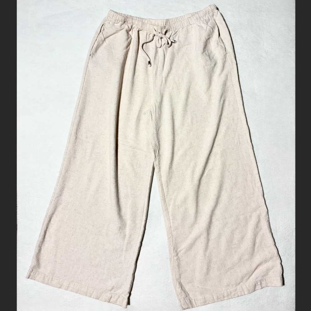 Linen Summer Palazzo Pants Flowy Wide Leg Beach Pants with Pockets Size Large